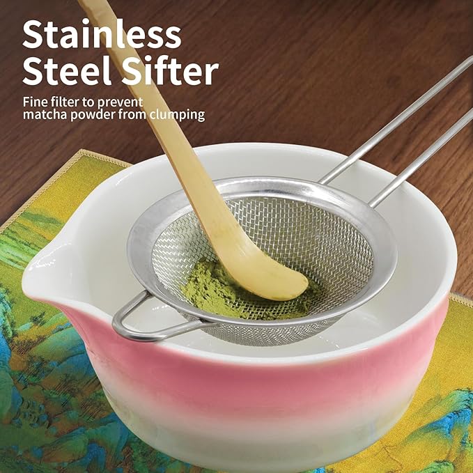 Matcha Whisk Set, 7-Pcs Matcha Set Includes Gradient Ceramic Matcha Bowl and Chasen Holder, Bamboo Whisk, Stainless Sifter, Teaspoon, Tea Towel, Spoon, Matcha Kit for Tea Lovers (Pink) - Bloomnest