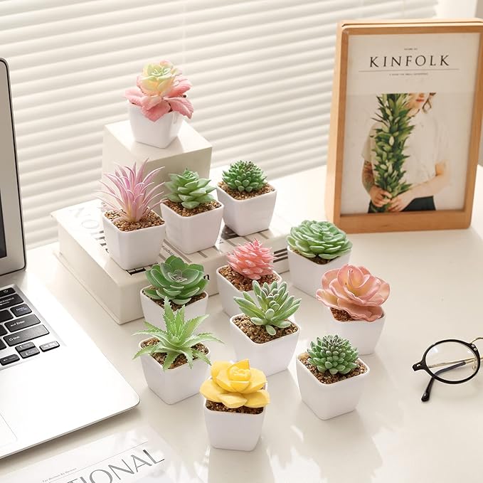 Tiita 24 Set Artificial Faux Succulents in Pots Fake Plants Plastic Arrangement Planter Small Mini Tiny Decoration for Home Office Desk Window Sill Bathroom Bedroom Outdoor Indoor - Bloomnest