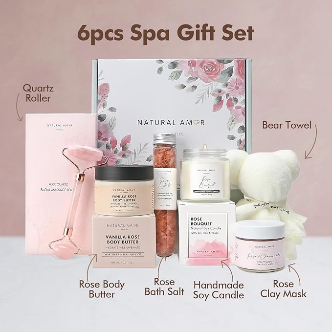 Natural Amor Rose Spa Gift Set – 6 pcs Handmade Self-Care Kit with Body Butter, Bath Salt, Clay Mask, Candle, Jade Roller & Bear Headband – Relaxation Gift for Women - Bloomnest