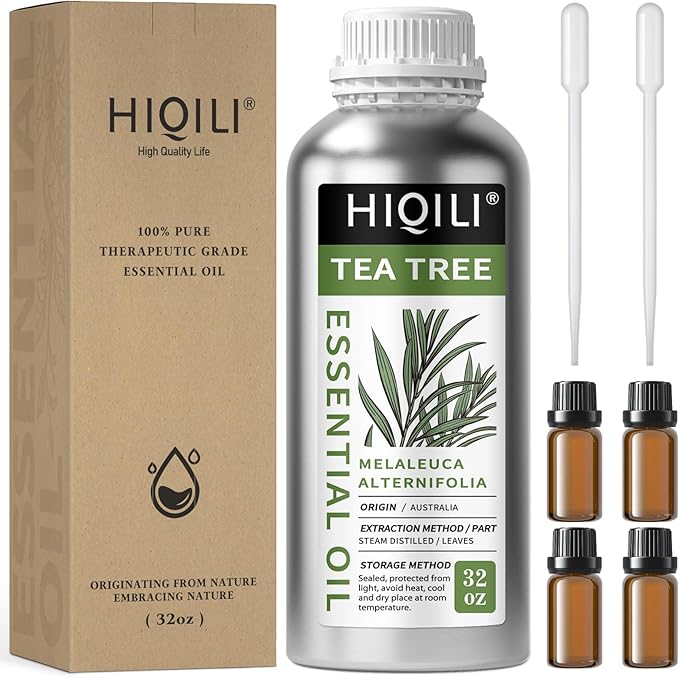 HIQILI Tea Tree Oil 32 Fl Oz, for Skin, Hair, Nail, Diffuser, Soap Making, Includes Four Portable Decanters - Bloomnest