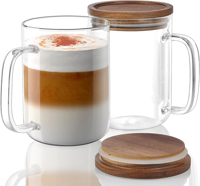 DRASTAR Glass Coffee Cups, 20 oz Large Coffee Mugs, Flat Bottomed Cups with Acacia Wood Lid, Glass Tea Cup with Handle, ClearTea Cup Set of 2 - Bloomnest