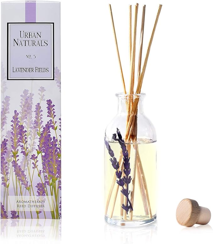 Urban Naturals Lavender Fields Oil Essential Oil Reed Diffuser Set with Real Lavender Stems! French Blossoms, Geranium & Clary Sage | #1 Gift Idea for Aromatherapy & Stress Relief | Vegan | USA Made - Bloomnest