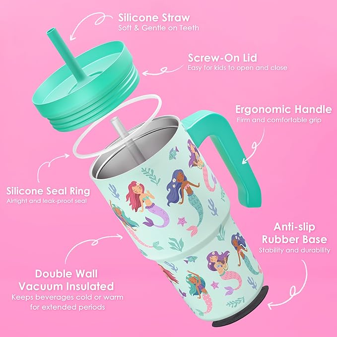 Mermaid Tumbler 20oz with Handle and Silicone Straw Lid for Kid, Insulated Stainless Steel Cup, Gift for Kids Girls, Gifts Idea for Birthday Christmas Back to School - Bloomnest