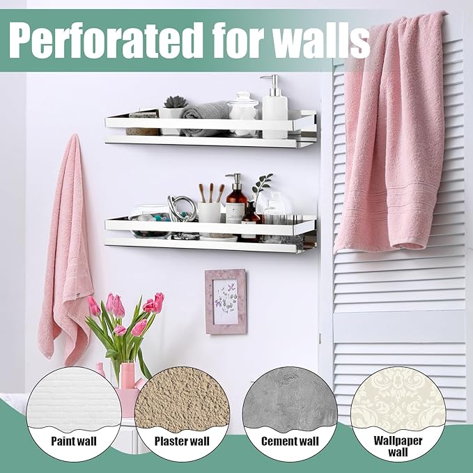 Lallisa 2 Pieces Stainless Steel Shelf Bathroom Shower Floating Shelves Wall Mounted Shower Caddy Basket Shelf Storage Organizer Shelves for Bathroom, Kitchen, Living Room (15.75 Inch/ 40 cm,Shiny) - Bloomnest