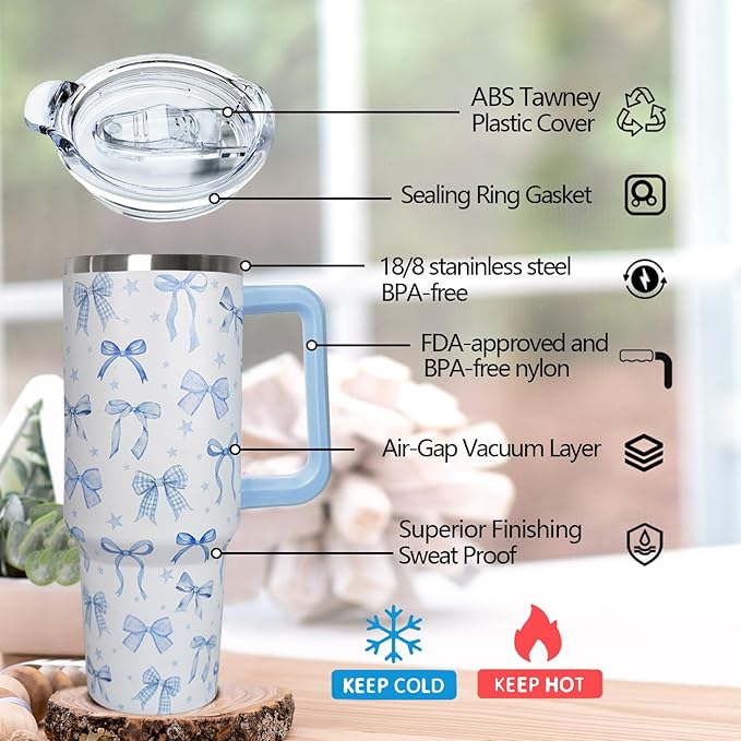 Ceovfoi 40 Oz Blue Bow Tumbler With Handle, Blue Bow Decor Coffee Travel Mug Cup Water Bottle, Gifts for Women Girls - Bloomnest