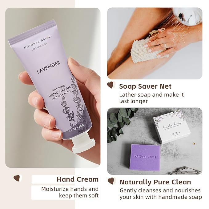 Natural Amor Handmade Spa Gift Set 6 pcs– Includes Citrus Bath Bomb, Lavender Hand Cream, Soap, Bath Salt, Candle – Relaxing Self-Care Kit for Women - Bloomnest