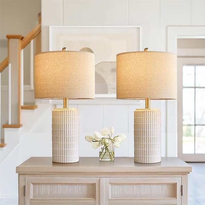 PoKat 24" Modern Ceramic Table Lamps Set of 2 for Bedroom, White Bedside Lamps for Night Stands, Farmhouse Desk Decor Nightstand Table Lamps for Living Room End Table Beige - Bloomnest