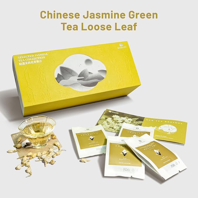iTeaworld Jasmine Green Tea Loose Leaf Samplers Set, With Different Flowery Aromas, No Sweetener, Sweet After Taste, 4 Different Grades of Jasmine Tea Loose Leaf, 16 Pack/56g - Bloomnest