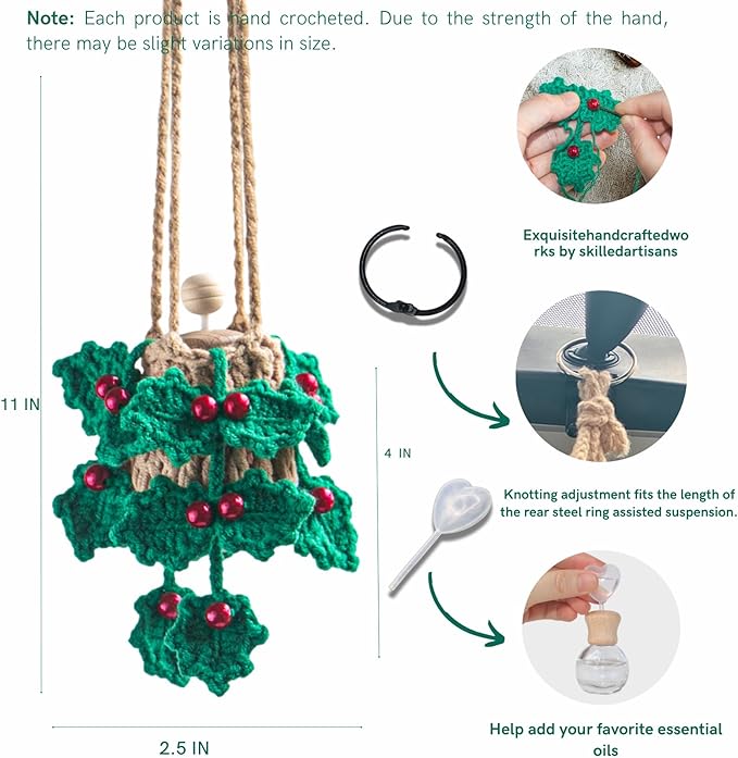 Handmade Crochet Car Air Freshener - Crochet hanging holly plants with 12ml Empty Refillable Oil Diffuser Bottle, Green Car Accessory for Mirror Decor and Home Decor - Bloomnest