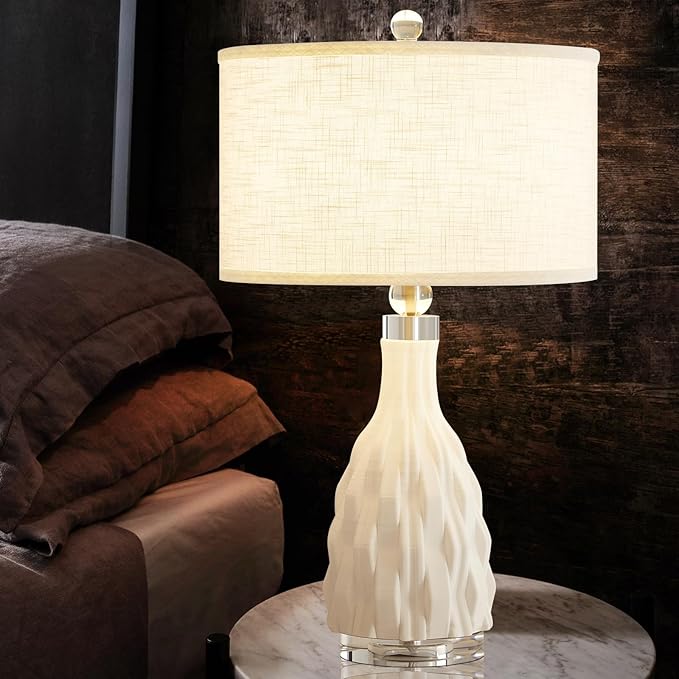 Modern White Textured Ceramic Table Lamps 22.5In, Plug in Table Lamp Decor for Office Living Room Bedroom Bedside Nightstand - Bloomnest