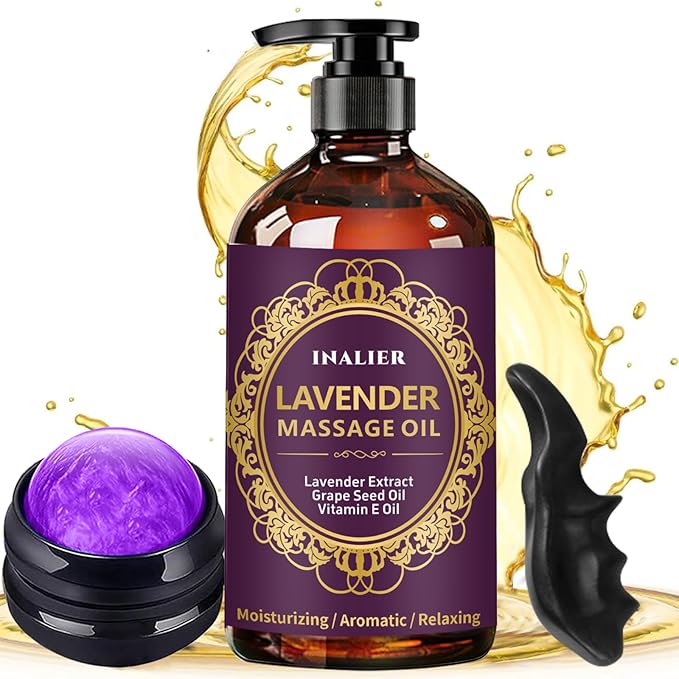 Massage Oil for Massage Therapy,﻿Lavender Oil with Massage Roller Ball & Thumb Saver Massager,SPA Relaxing Massage Oi for Soothing,Massage Kit Spa Gifts for Him Her,Gifts for Men Women - Bloomnest