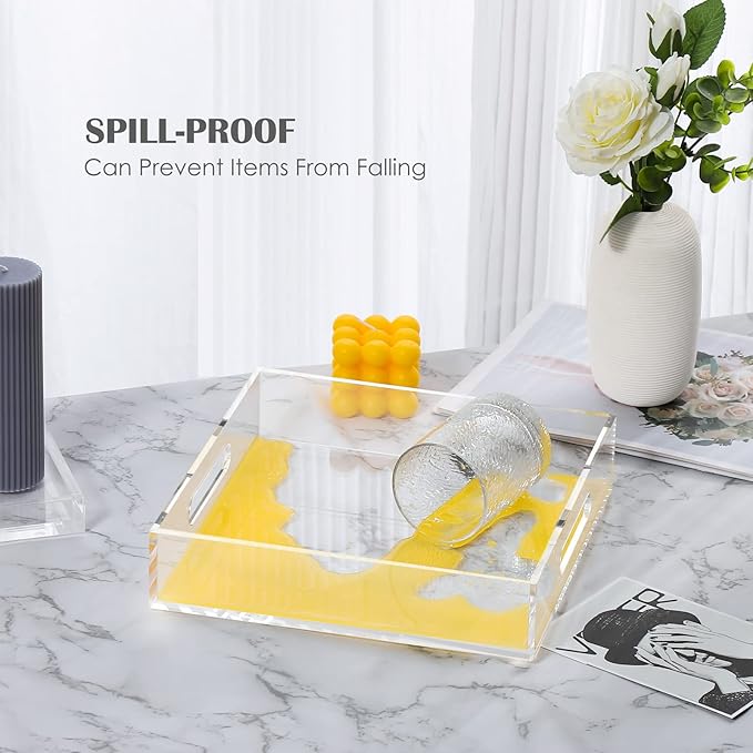 Home Decorative Coffee Table Tray, 10"x10" Elegant Acrylic Serving Trays with Handles Works for Eating, Breakfast, Makeup Drawer Organizer,Bathroom Vanity Table,Ottoman Tray, Clear - Bloomnest