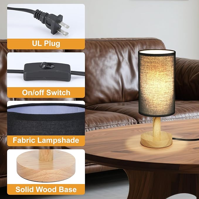 Black Small Bedside Table Lamp for Bedroom,Natural Round Wood Base&Fabric Linen Shade,Cozy Night Table Light for Study Reading,Minimalist Boho Desk Lamp for Nightstand,Living Room,Nursery,Kitchen,Dorm - Bloomnest
