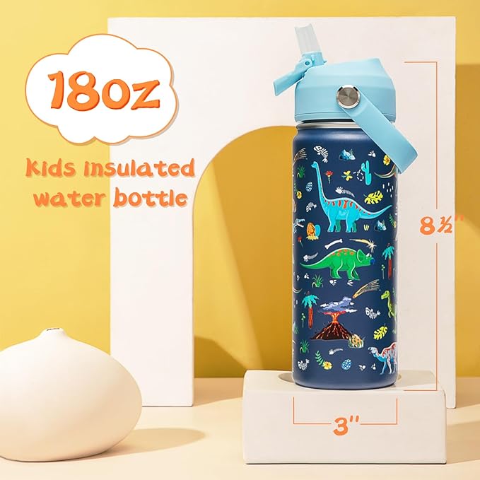 18oz Kids Insulated Water Bottle with Straw Lid - 18/8 Stainless Steel Kid Cup BPA-FREE Travel Tumbler Double Wall Vacuum Leak Proof Portable Toddler Water Bottle(Dinosaur) - Bloomnest