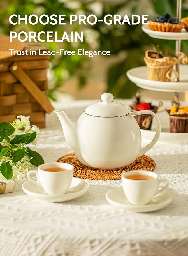 Sweese Teapots for Tea, 27 oz Porcelain Tea pot with Removable Stainless Steel Infuser, Tea Pots for Loose Tea - White - Bloomnest
