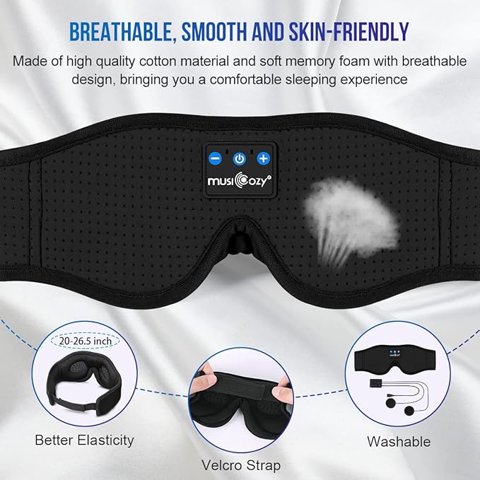 MUSICOZY 3D Bluetooth 5.4 Sleep Headphones, Breathable Wireless Music Eye Mask, Sleeping Headphones with Headband for Side Sleepers, Women, Men, Air Travel, Unique Tech Gifts
