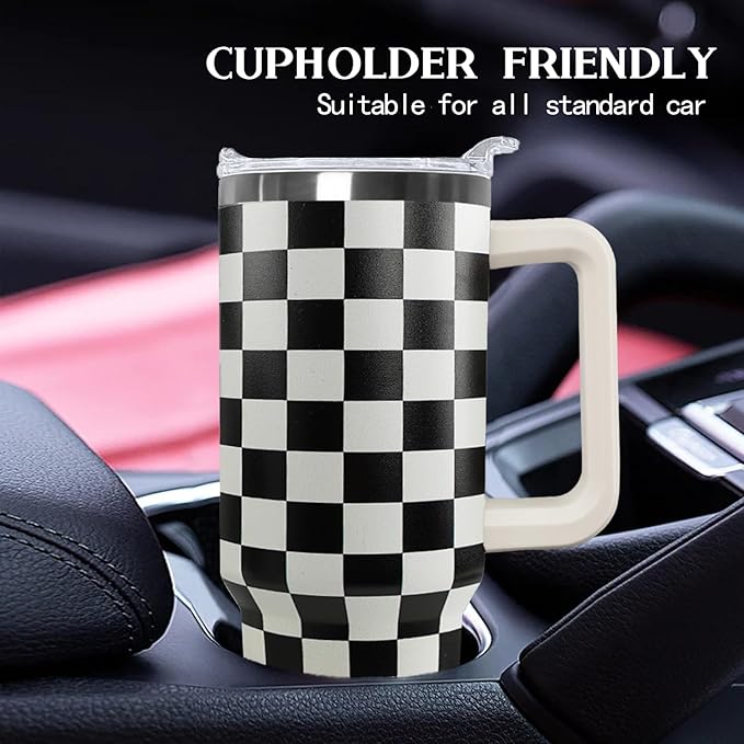 Ceovfoi Black and white Checkered Tumbler with Handle Lid and Straw,40 Oz Checkered Tumbler Water Bottle Travel Coffee Cup Mug,Checkered Gifts for Women Men - Bloomnest