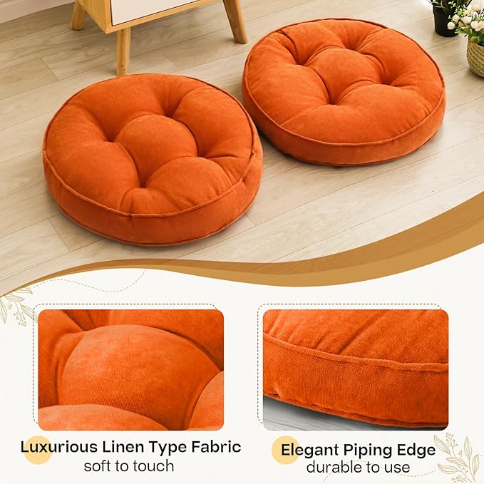 Floor Pillow Set of 2, Memory Foam Floor Cushions for Adults, Large Round Meditation Pillow for Sitting, 22 x 22 Inches (Round | Orange)