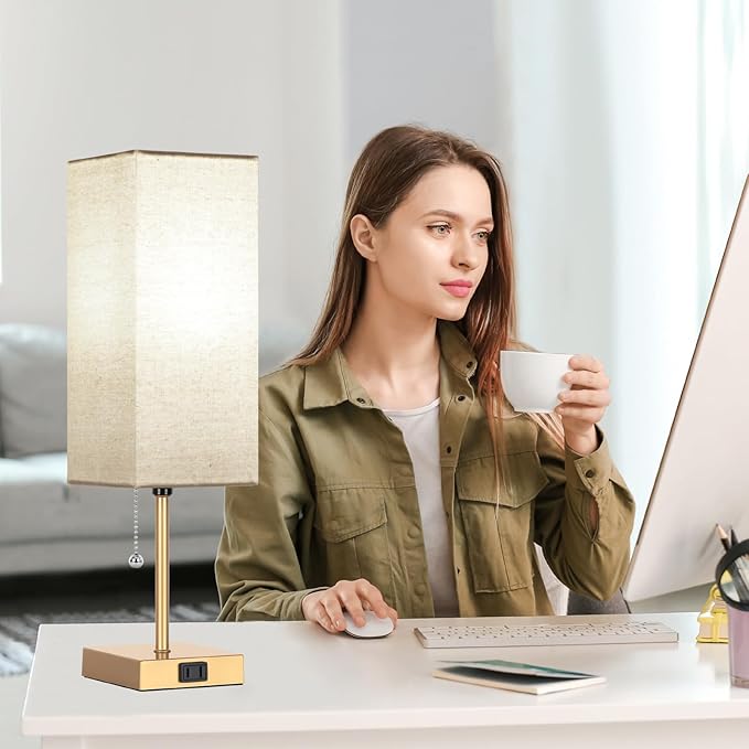 Table Lamp for Bedroom set of 2,3-Color Bedside Lamps with Pull Chain Table Lamps for Nightstand with AC Outlets,18'' Night Light Lamps with 2 Bulbs Lamps for Living Room Kids Office Decor（Glod） - Bloomnest