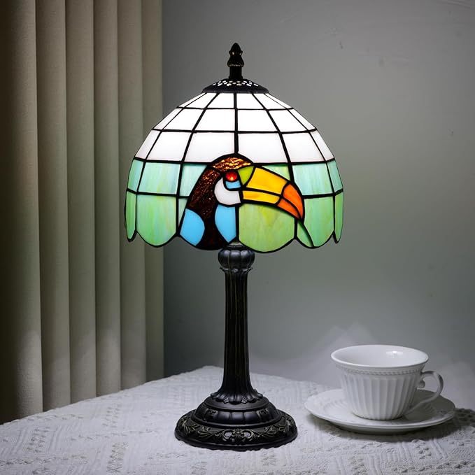 Tiffany lamp 8 inch stained glass lamp European retro black toucan warm color reading bedside lamp suitable for bedrooms dormitories studies antique home decoration art handicrafts (green and white) - Bloomnest