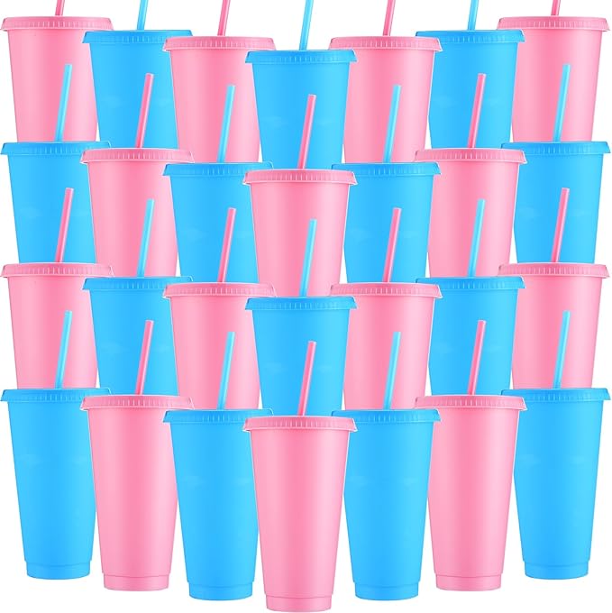 Honeydak 30 Pack Tumbler with Straw and Lid Bulk Water Bottle Iced Coffee Travel Mug Cup Reusable Plastic Cups for Party Birthdays 24-27 oz (Pink and Blue Color) - Bloomnest