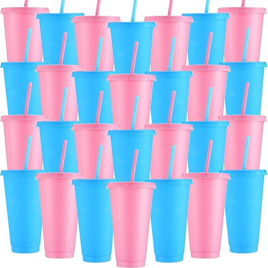 Honeydak 30 Pack Tumbler with Straw and Lid Bulk Water Bottle Iced Coffee Travel Mug Cup Reusable Plastic Cups for Party Birthdays 24-27 oz (Pink and Blue Color) - Bloomnest