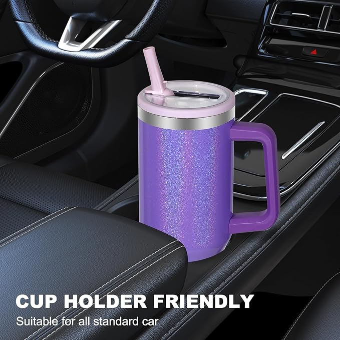 40 oz Tumbler with Handle and Flip Straw Lid, Vacuum Insulated Leak Proof Double Walled Stainless Steel Glitter Travel Mug Tumblers, Maintains Cold Ice and Heat for Hours(Purple) - Bloomnest