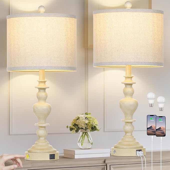 27" Farmhouse Lamps Set of 2 with USB C+A Charging Ports, Vintage Rustic Touch Control Table Lamp for Living Room, 3-Way Dimmable Traditional Nightstand Bedside Lamp for Bedroom Resin Washed Beige - Bloomnest