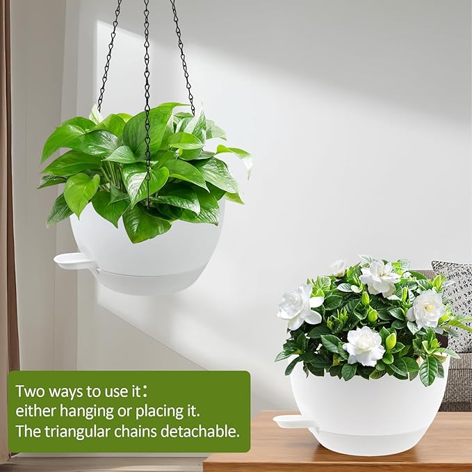 WOUSIWER Self Watering Hanging Planters, 2 Pack 10'' Plastic Pots with Drainage Holes & Reservoir Tray (White) | Indoor & Outdoor Use for Ferns, Ivy, Herbs, Succulents - Bloomnest