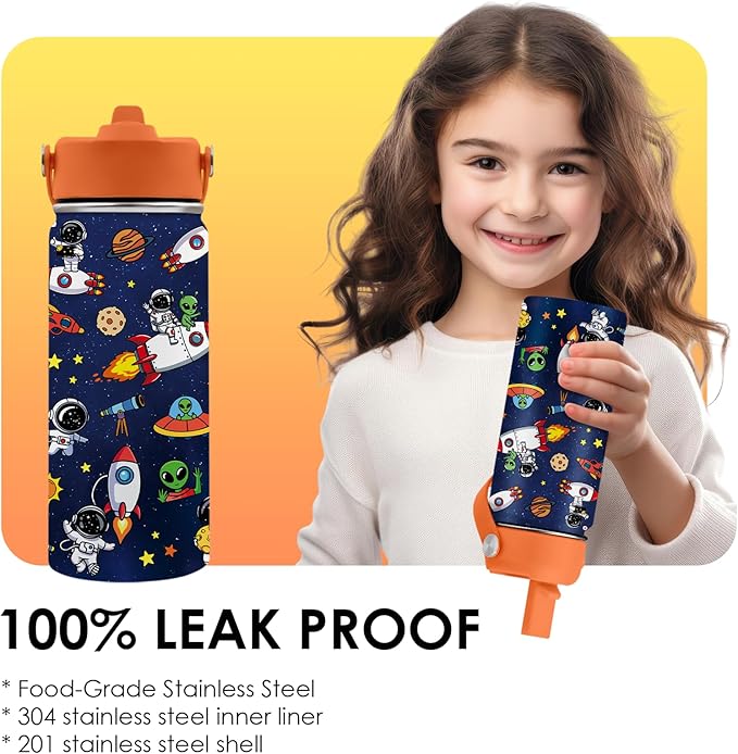 Space Astronomy Gifts for Kids - 16 Oz Kids Water Bottle with Straw Lid, Stainless Steel Insulated Tumbler, Leak Proof, BPA-Free, for Boys, School, Travel - Universe Children Birthday Gifts Cups(1pc) - Bloomnest