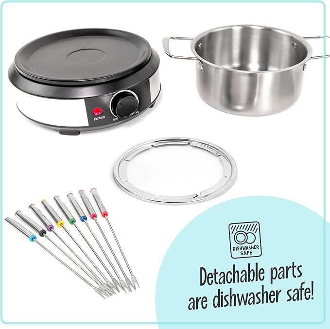 Nostalgia 8-Cup Electric Fondue Pot Set for Cheese & Chocolate - 8 Color-Coded Forks, Temperature Control - Kitchen Gadgets and Appliances for Hors d'Oeuvres and More - Stainless Steel - Bloomnest