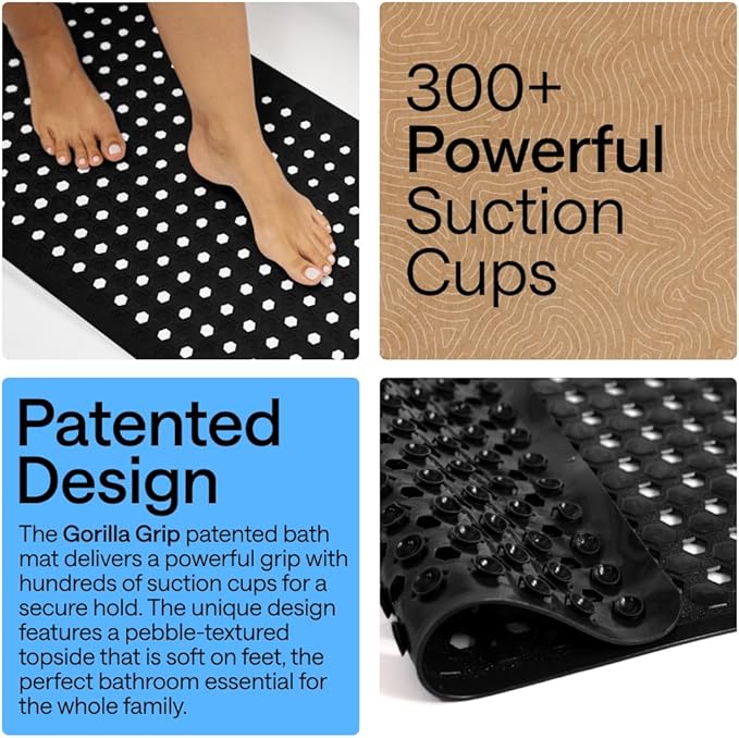 GORILLA GRIP Patented Bath Tub Shower Mat, Machine Washable Bathtub Floor Liner Mats, Suction Cups and Drain Holes to Keep Tubs Clean, Soft on Feet, Bathroom Essentials, 35x16 Inch, Black - Bloomnest