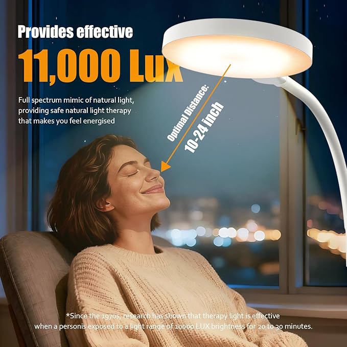 Light Therapy Lamp, 3-in-1 Floor Lamp 11000 Lux, Sunlight Lamp with Remote & Timer, LED UV-Free Sun Lamp with Adjustable 10 Brightness & 5 Color Temperature for Living Room Bedroom Office, White - Bloomnest