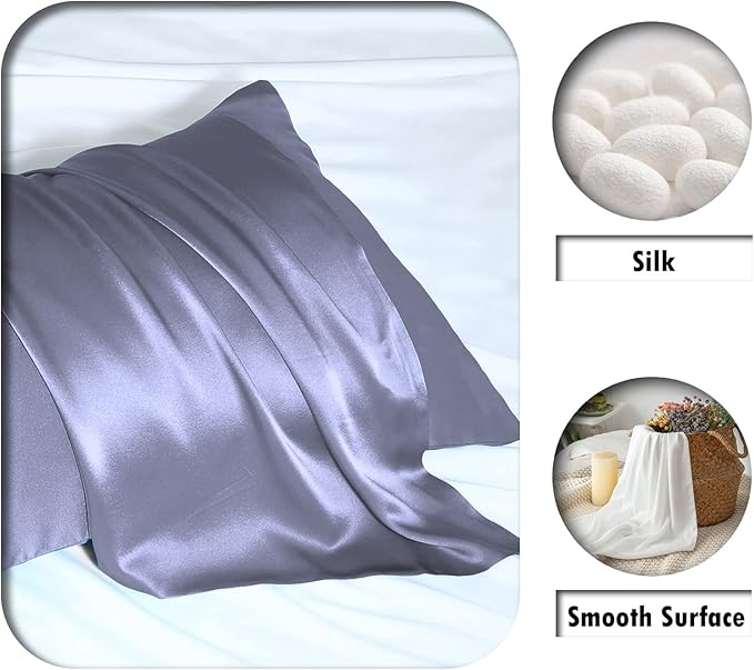 Silk Pillow Cases 2 Pack,Soft Breathable and Sliky Queen Size Pillow Cases Set of 2,Natural Mulberry Silk Pillowcase Set of 2 for Hair and Skin with Hidden Zipper (Grayish Blue,20"X 30",2pcs) - Bloomnest