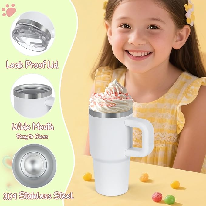 Cosictic 14 Oz Flip Straw Tumbler with Handle for Kids, Stainless Steel Double Wall Insulated Cup for Children with Flip Top Lid, 14 Oz Leak-proof Cups for Kids, White - Bloomnest