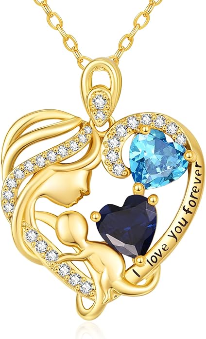 14K Gold Double Birthstone Heart Necklace for Women Mom, Mother Son/Daughter Pendant Necklace for Christmas Mother's Day Birthday Gifts for Wife Daughter Grandmom - Bloomnest