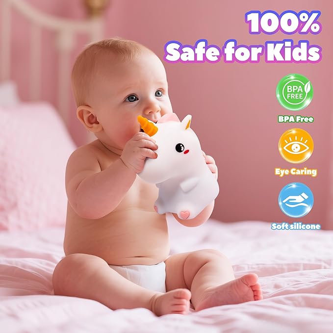 Night Light for Kids, Rechargeable Dimmable Silicone LED Nightlight with 7 Colors, Baby Nursery Night Lamp, Touch Squishy Lamp, Cute Gifts for Girls, Boys, Toddler Room Decor, Unicorn - Bloomnest