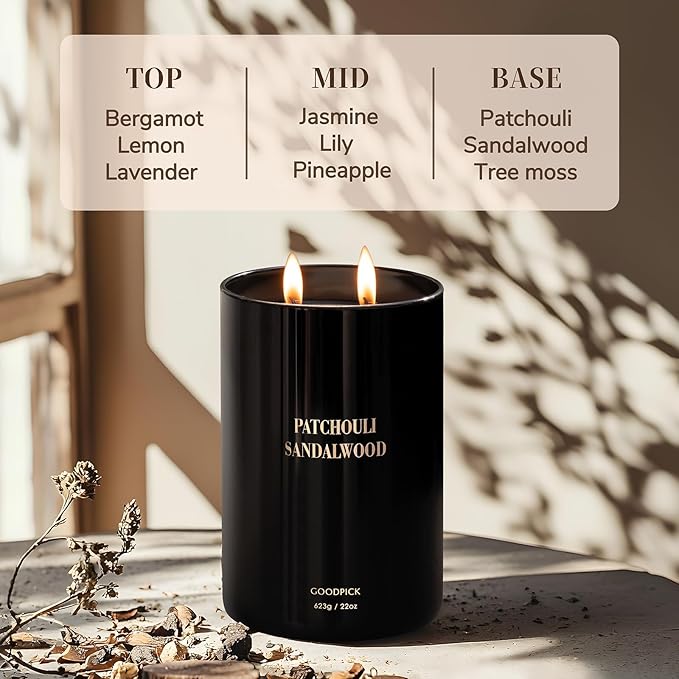 Goodpick Candles Patchouli Sandalwood, Fathers Day Gift, Soy Wax for Home Scented, 22oz 120 Hours Burn, Aromatherapy - Bloomnest