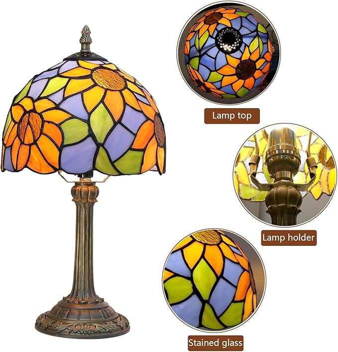 Tiffany Lamp Bedside Table Lamp-Nightstand,Stained Glass Lamp for Bedroom Dorm Living Kitchen, Aesthetic Cute Home Decor Gift (Blue Background Sunflower) - Bloomnest