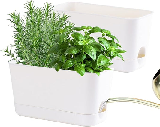 10 Inch Self Watering Planters for Indoor Plants: 2 Packs Rectangular Plant Pots with with Drainage and Tray, Window Pot Self Watering Planter for Herb, Houseplants - Bloomnest