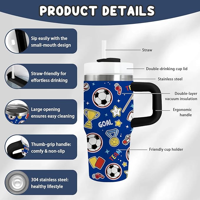 Sports Gifts for Kids - 14oz Blue Kids Sports Tumbler with Handle and Straw, Stainless Steel Insulated Water Cup, for Sport, School, Travel - Sport Lovers Gift for Children Birthday Gift Cup(1pc) - Bloomnest