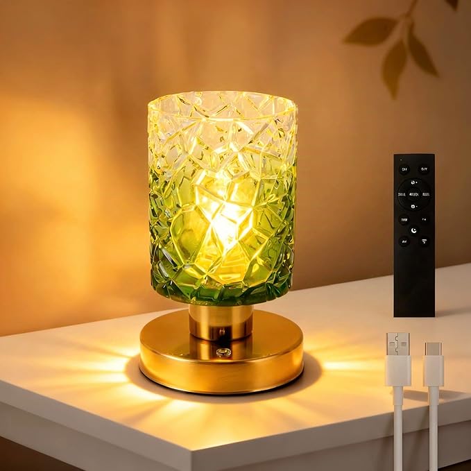 Battery Powered Lamp with Timer, Aesthetic Glass Cordless Lamps, Dimmable Rechargeable Lamp with Remote Control, Small Touch lamp for Nightstand Bedside Bedroom Living Room(Gradient Green) - Bloomnest