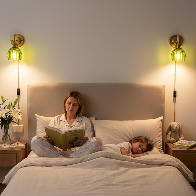 Vintage Plug-in Wall Sconce with Green Glass Shade – Brass E26 Socket Fixture, Easy Mount with Switch, Convertible to Hardwired, Accent Light for Bedroom, Vanity, Hallway - Bloomnest