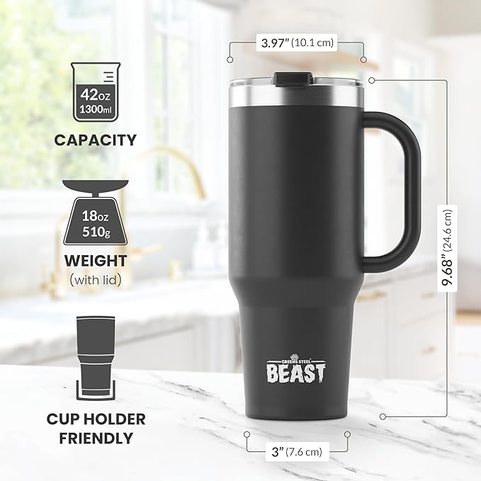 Beast 42 oz Tumbler Stainless Steel Vacuum Insulated Coffee Ice Cup Double Wall Travel Flask (Matt Black) - Bloomnest