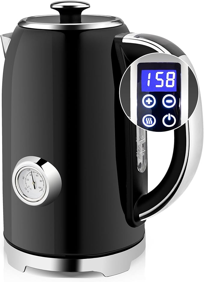 SUSTEAS Electric Kettle Temperature Control - 57oz Hot Water Boiler with Thermometer, 1500W Fast Heating Stainless Steel Tea Kettles, Cordless LED Indicator, Auto Shut-Off & Boil Dry Protection,Black - Bloomnest