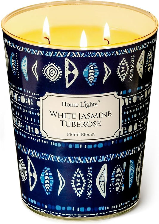 HomeLights Scented Candles for Women & Men, 34oz Candle Jars Aromatherapy 3-Wick Candle, Ideal for Bohemian Natural Textures Home Decor and Gifts, White Jasmine Tuberose - Bloomnest
