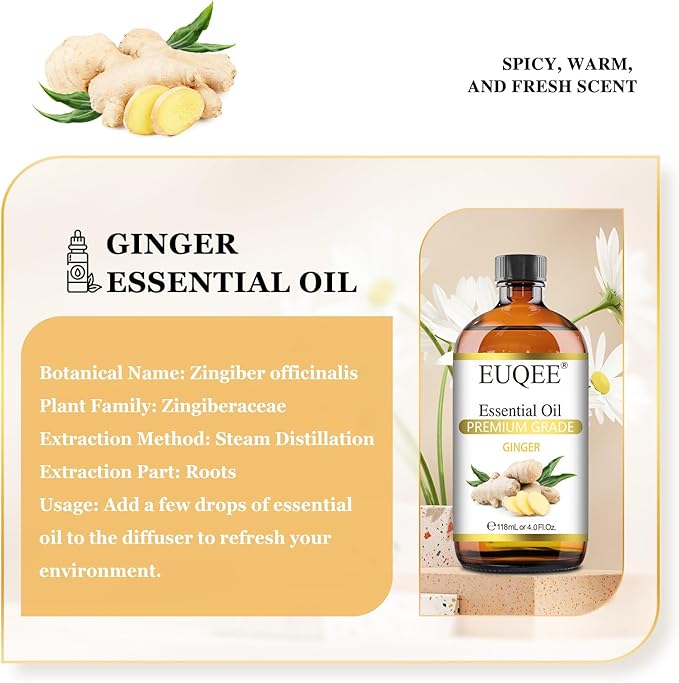 EUQEE Ginger Essential Oil 118mL Pure Ginger Oil, Large Bottle Premium Essential Oil with Glass Dropper for Diffuser, Candle Making, DIY Soap - 4fl. oz - Bloomnest