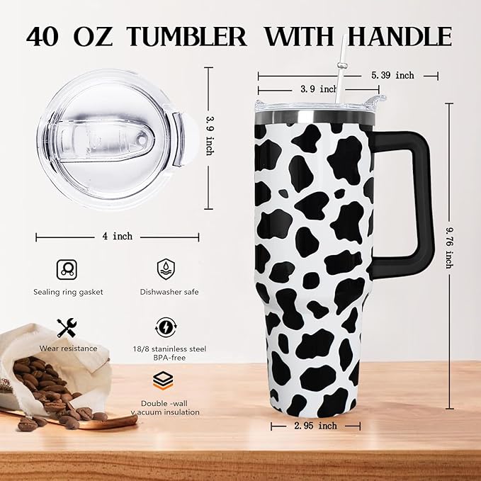 Ceovfoi 40 Oz Cow Tumbler With Handle,Cow Print Coffee Travel Mug Cup Water Bottle,Cow Print Decor,Cow Gifts for Women - Bloomnest
