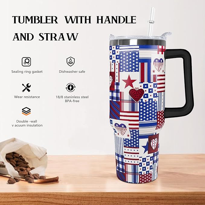 Ceovfoi 4th of July tumbler American Flag Gifts -40 oz Patriotic Vacuum Insulated Stainless Steel Travel Tumblers with Handle Lid and Straw,Patriotic Military Gifts For Veterans, Police, Fathers Day - Bloomnest