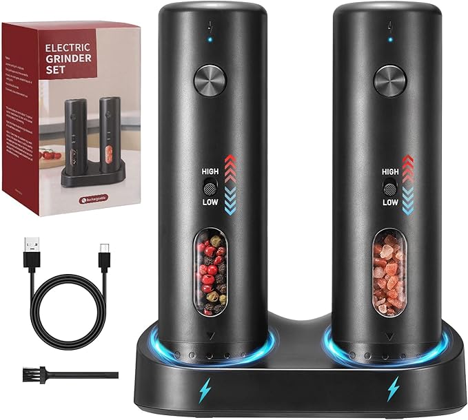 Rechargeable Salt Grinder Set Top-Refill Electric Grinders with Variable Grinding Speed, External Adjustable Coarseness, Black - Bloomnest